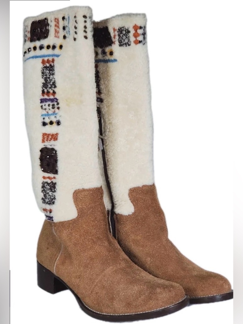 Miu Miu Brown Suede and Cream Shearling Embroidered Mid-Calf Boots